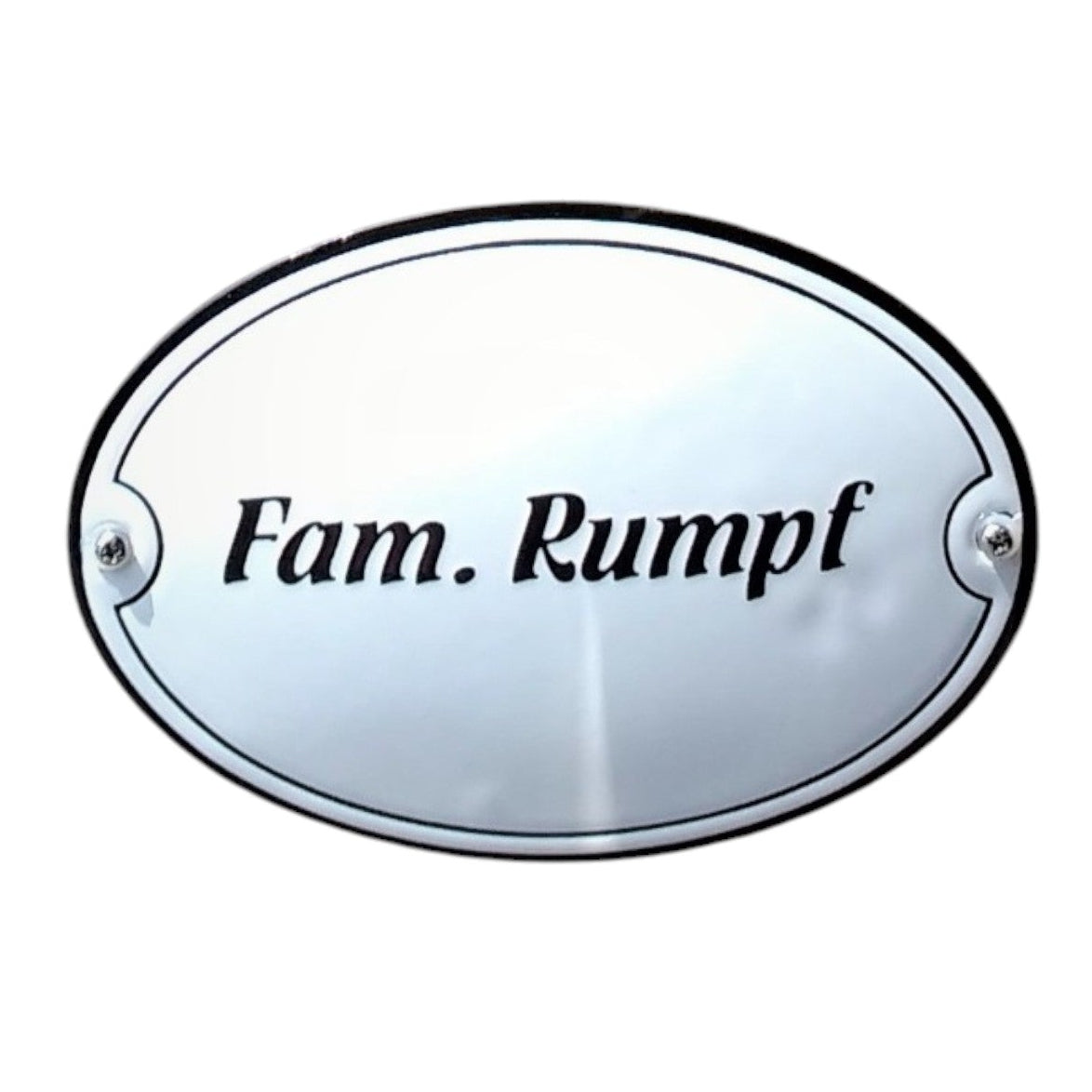 Emaille Namensschild oval gebogen mit Rahmen – klassisch & wetterfest